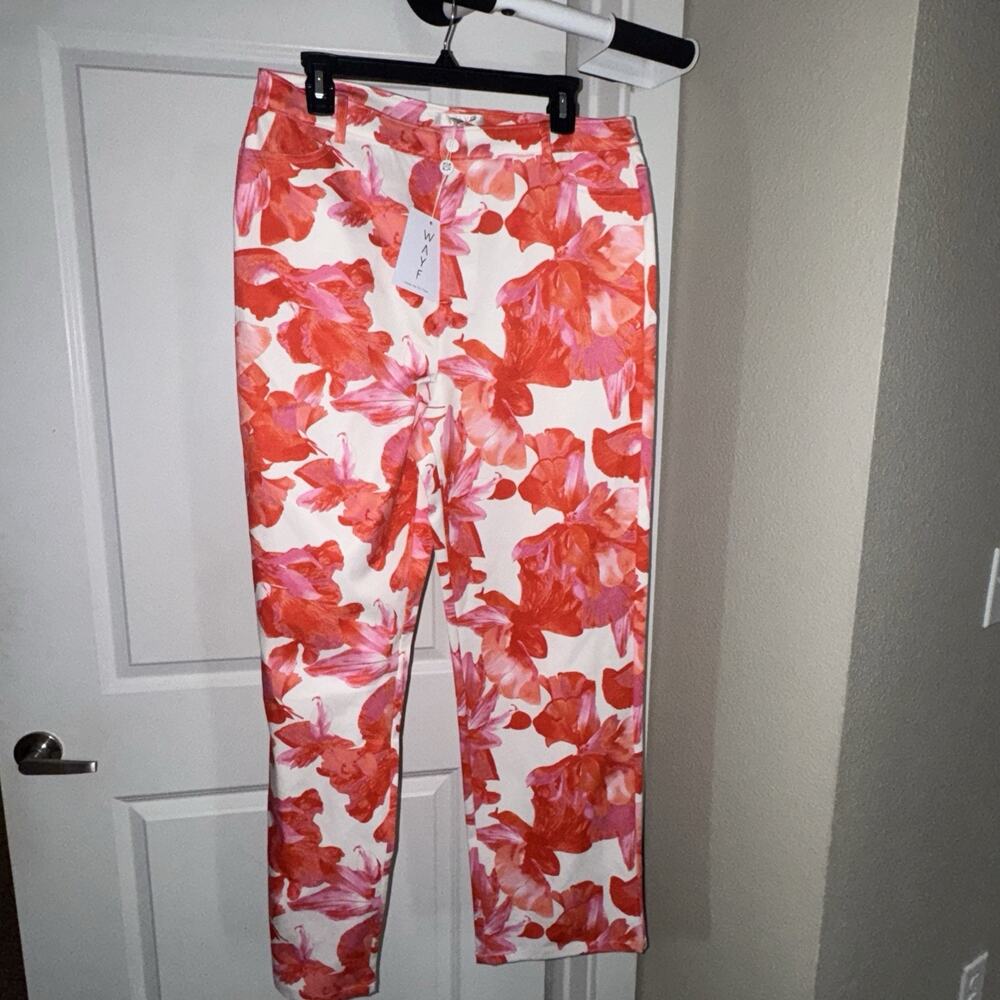 WAYF New With Tags Floral Print Straight Leg Trousers Hibiscus Pink Orange